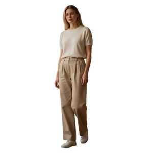 H M Linen Blend Wide Leg Beige Drawstring Elastic Waist Casual Lounge XS